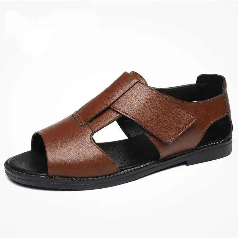 Men's black and brown leather Roman-style casual sandals with open toes and rubber soles