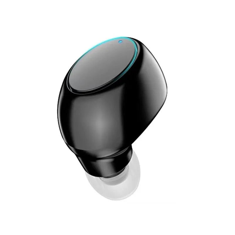 Black Bluetooth 5.0 wireless in-ear earbuds with charging case on white background