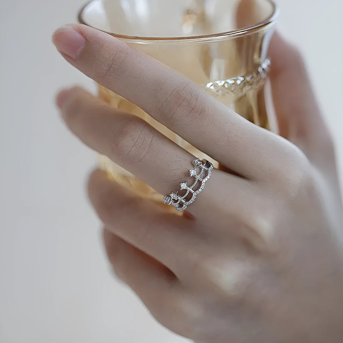 S925 sterling silver crown ring for women with lace skirt design, available in sizes 6, 7, 8, 9.