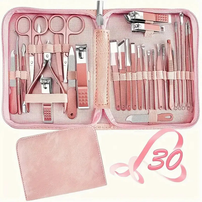 30-piece stainless steel nail tool set displayed with cuticle pusher, nail clipper and foot file