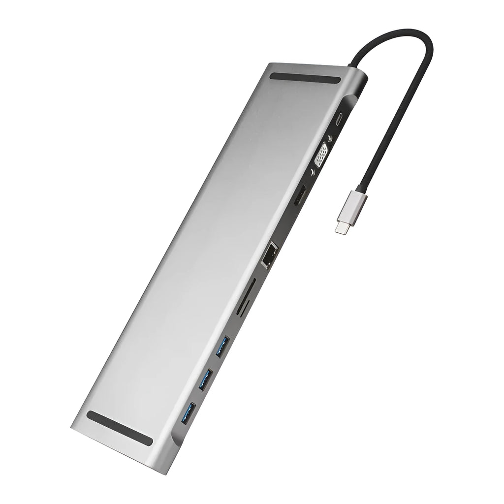 Grey aluminium USB C hub docking station with cooling bracket showing ten ports including HDMI and Ethernet