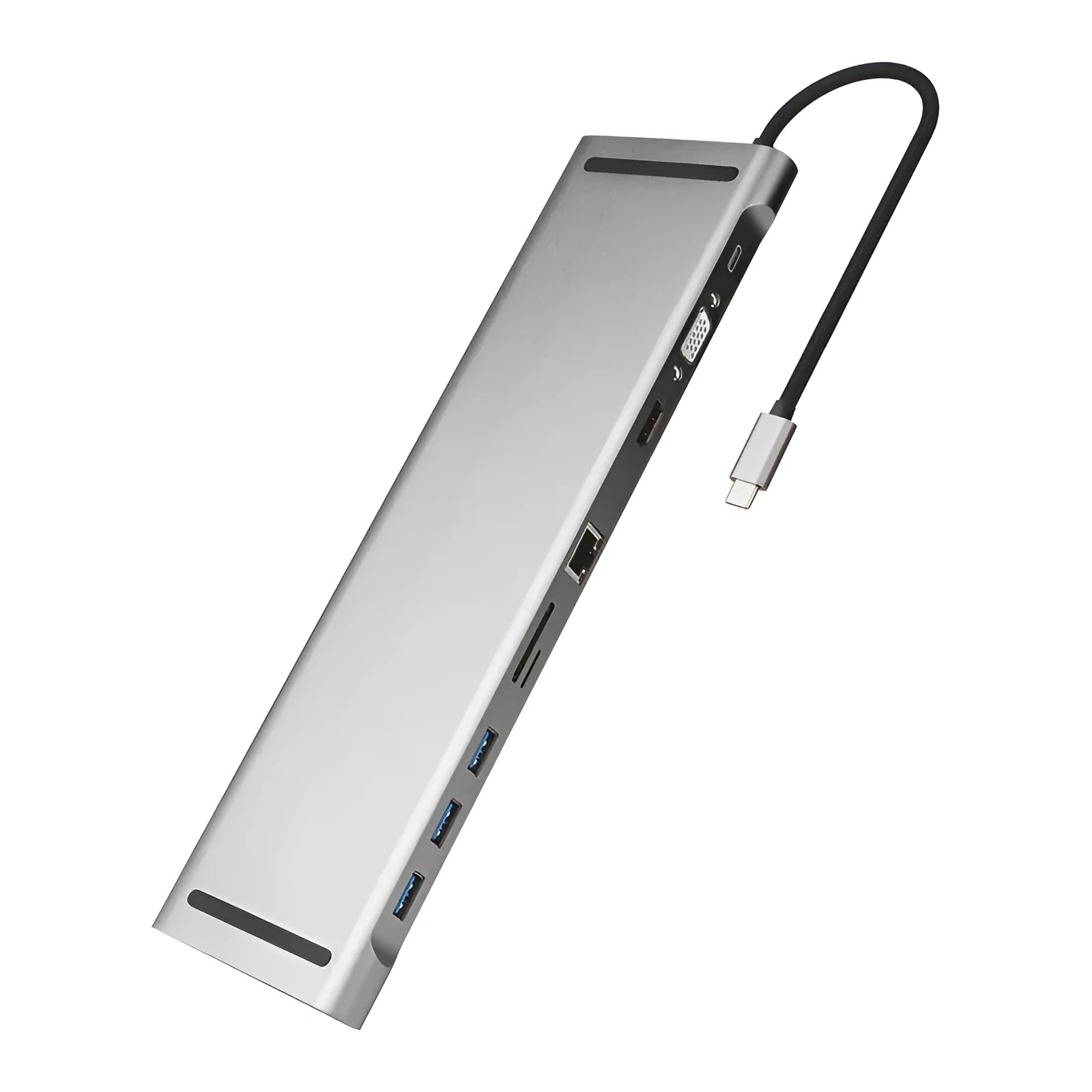 Grey aluminium USB C hub docking station with cooling bracket showing ten ports including HDMI and Ethernet