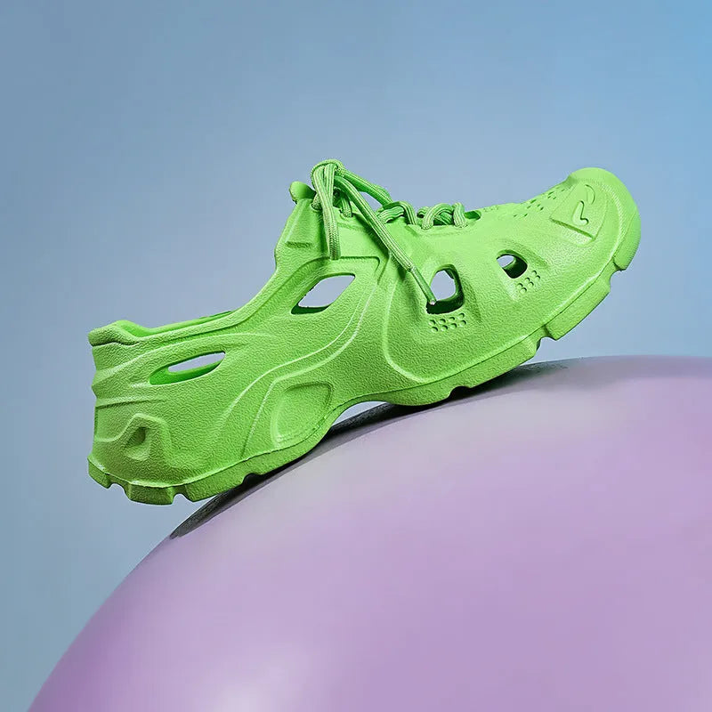 A pair of bright high-elastic EVA sandals with a thick sole, shown in fluorescent green.