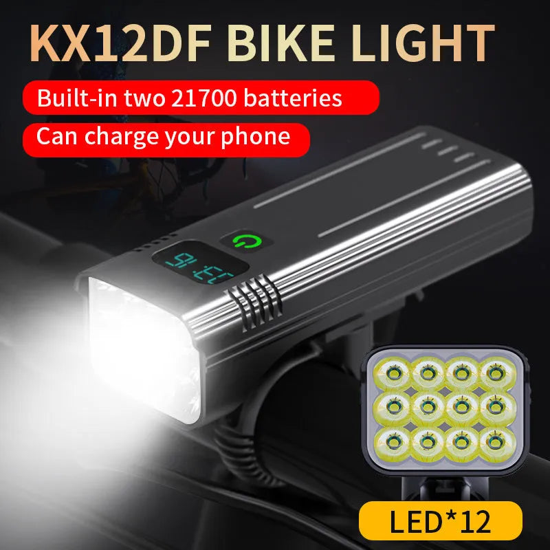 Black KX12DF digital display bicycle headlight mounted on a quick-release bracket with USB cable.