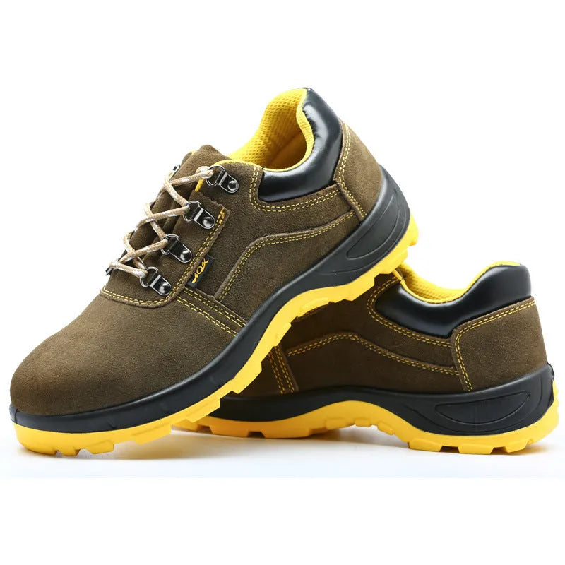Bronze coloured men's low-cut safety boots with cow suede upper and steel toe cap on anti-slip sole