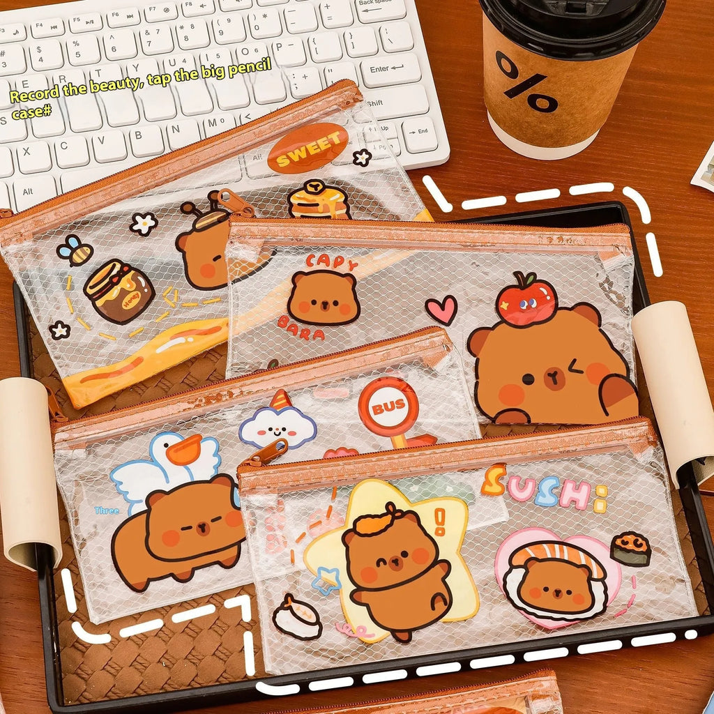 Transparent PVC mesh pencil case, 20 x 10.3 cm, random mixed colour, for student stationery
