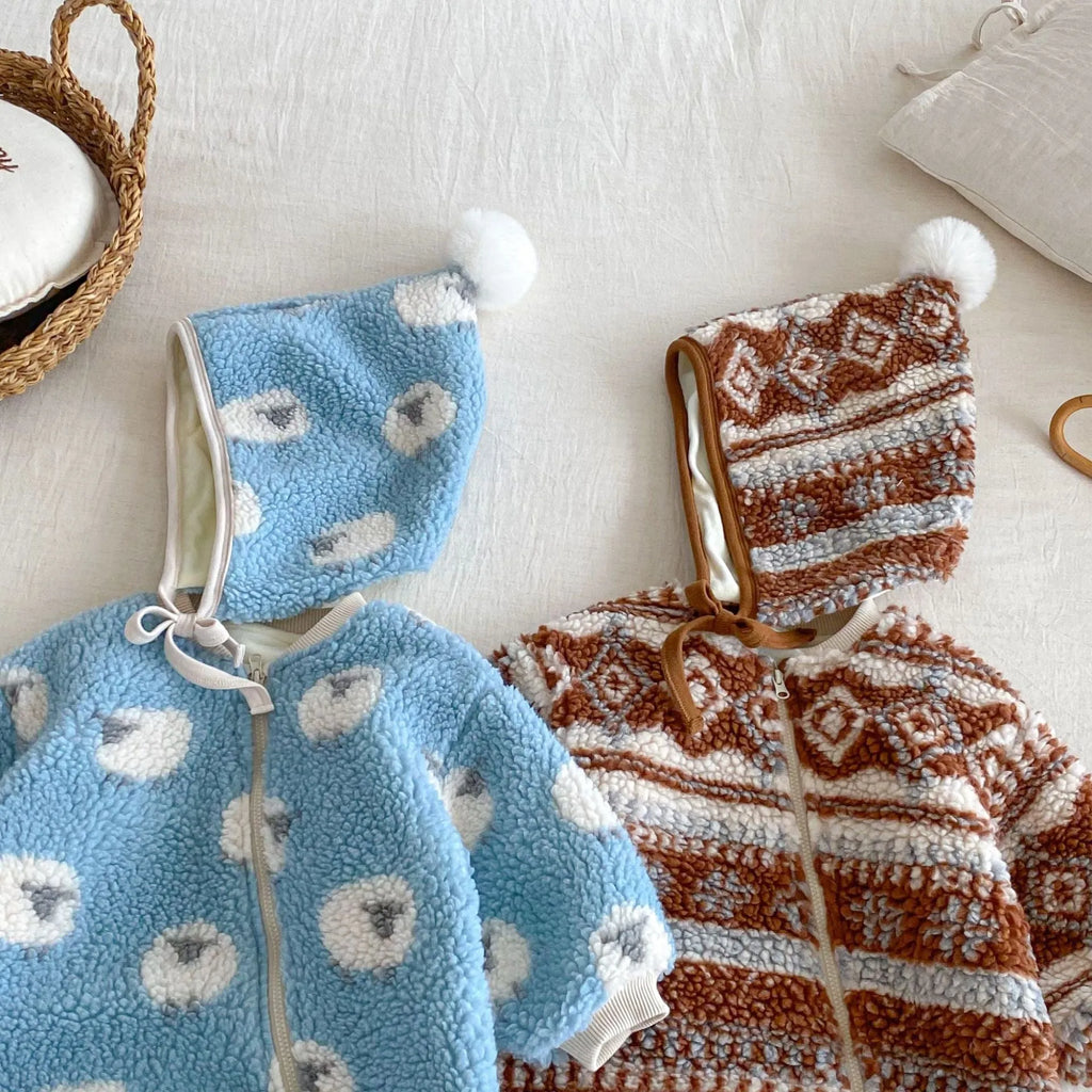 Baby lambswool romper with hat, brown or blue, long sleeve one-piece winter crawling suit in 66-90cm