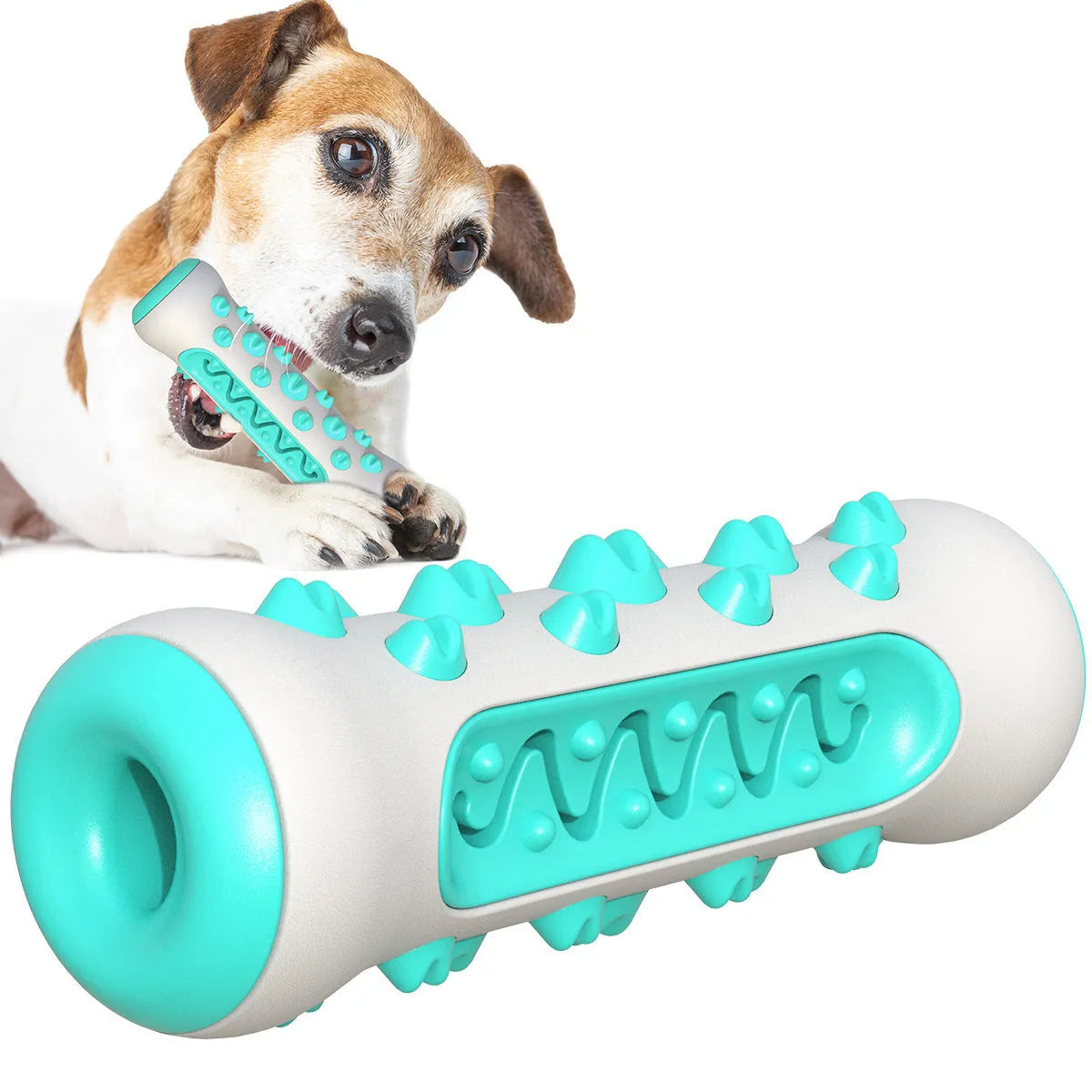 Natural rubber dog dental chew toy with cleaning nubs in blue, green, yellow, and black blue.