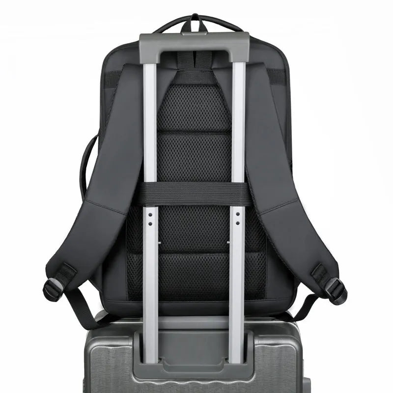 Black waterproof Oxford cloth business backpack with curved shoulder straps and derm leather detailing