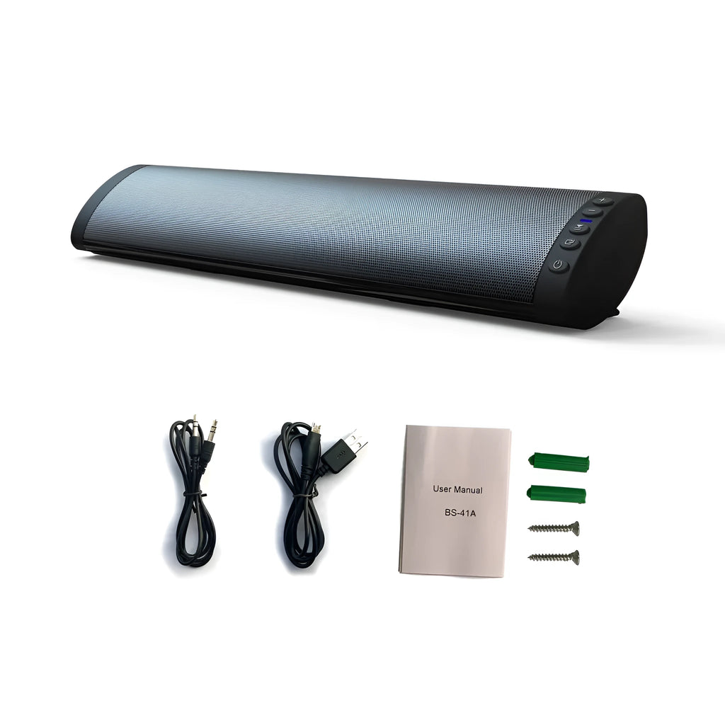 Black wall-mounted BS-41 Bluetooth speaker with remote control on a white wall.