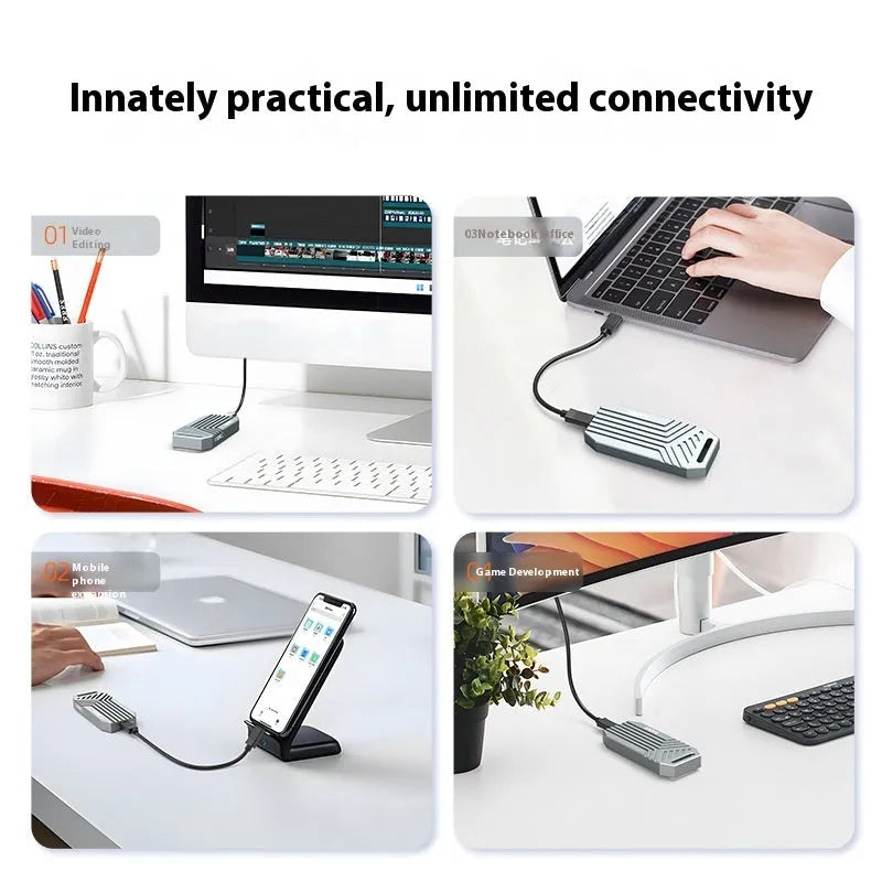 Aluminium Thunderbolt 4 M.2 solid state drive enclosure in silver or grey colour with compact 50mm design