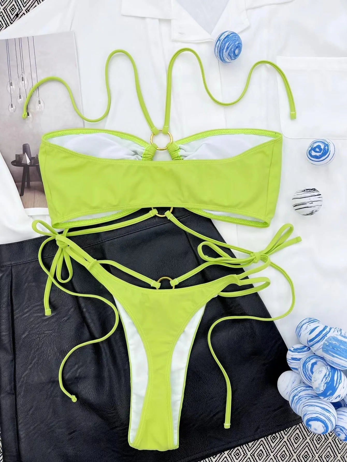 Yellow green women's lace-up triangle bikini swimsuit with bra and t-pants