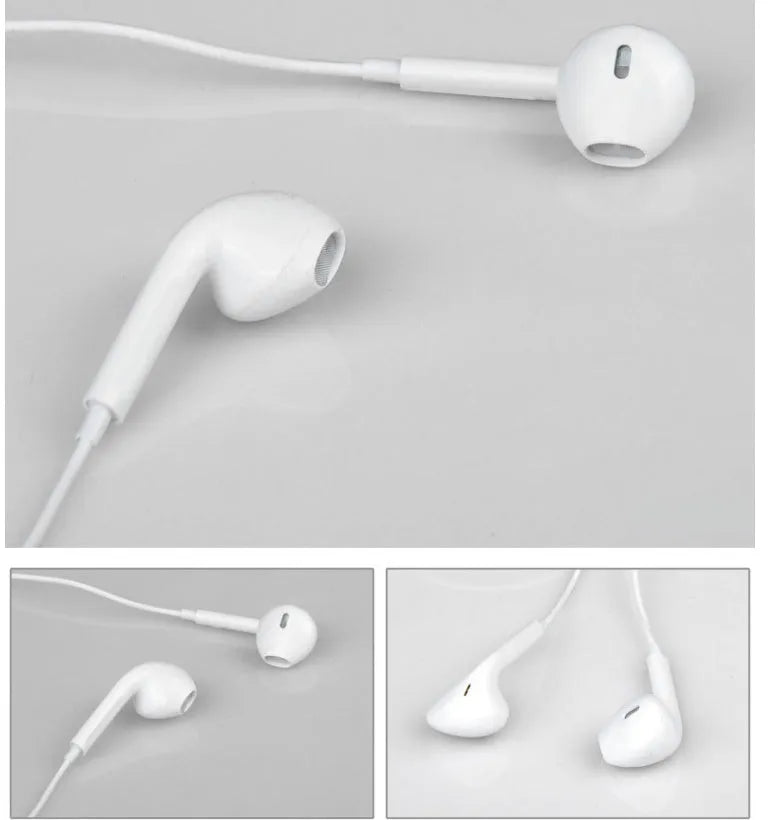 White plug-in stereo headset with 3.5mm wired connection and plastic earbuds