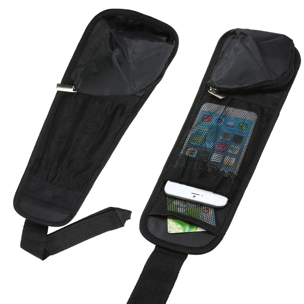 Black nylon car chair side bag with cup holder compartments installed on a vehicle seat