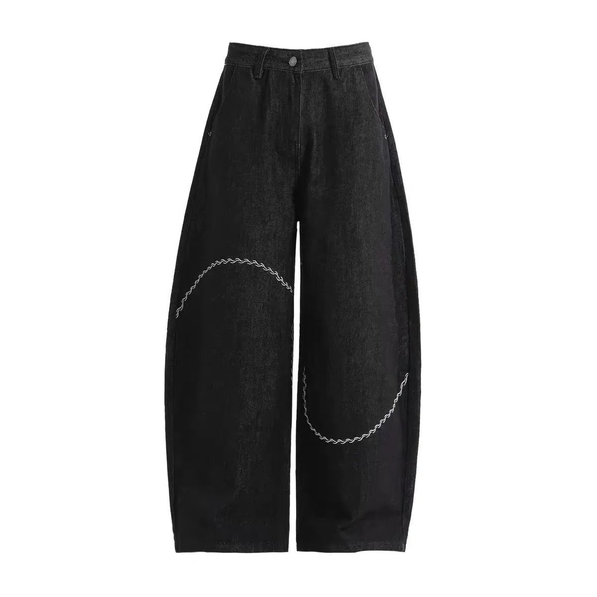 Black straight-leg denim trousers laid flat, showing zip fly and mid-waist design.