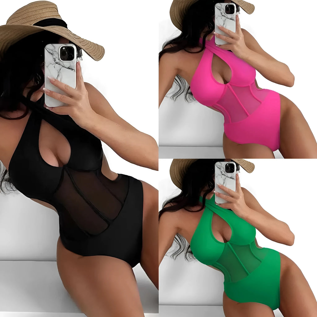 Women's black one-piece bikini swimsuit made from nylon and spandex fabric on a mannequin