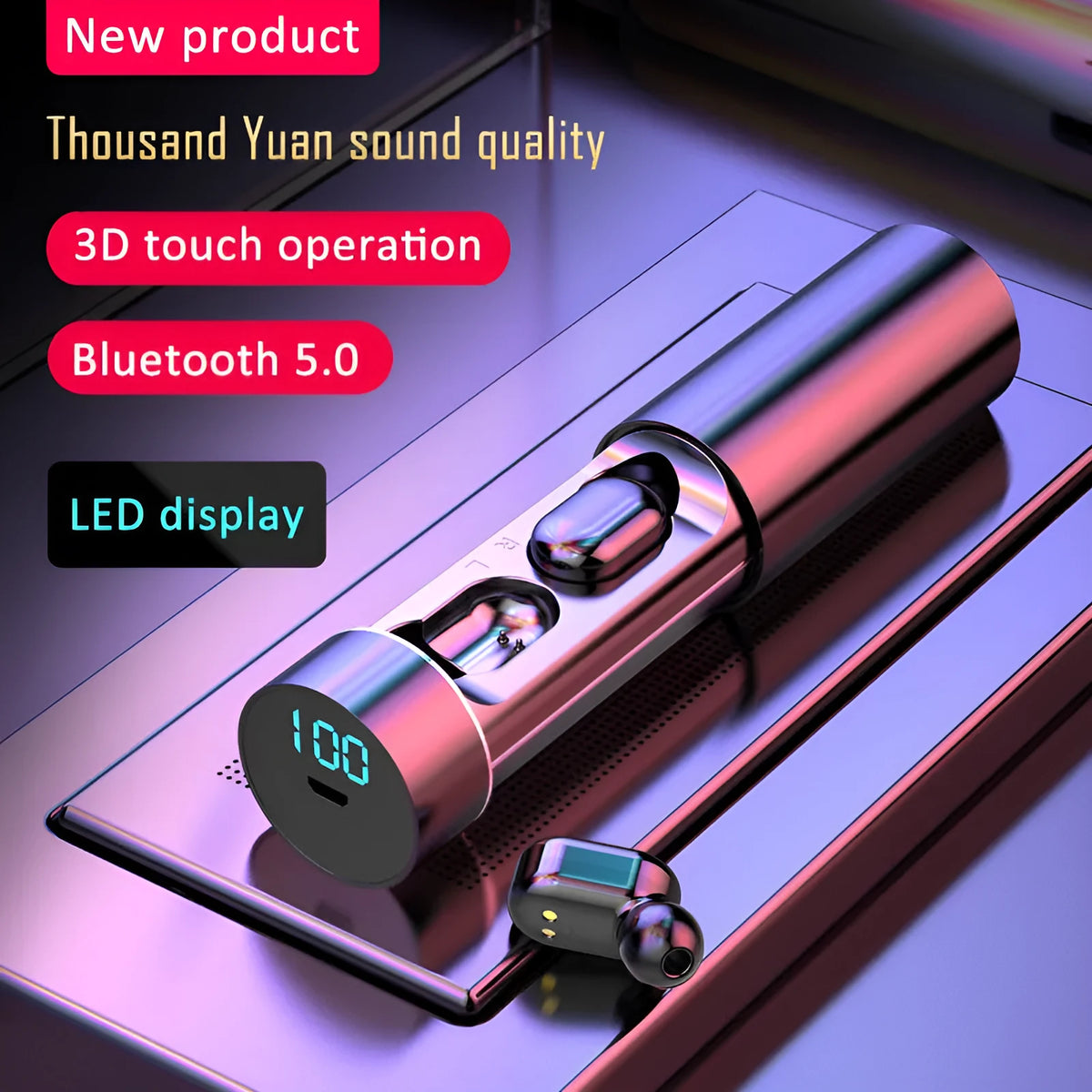 TW-A6 cylinder earphone in Black with charging box, Bluetooth 5.0 true wireless earbuds
