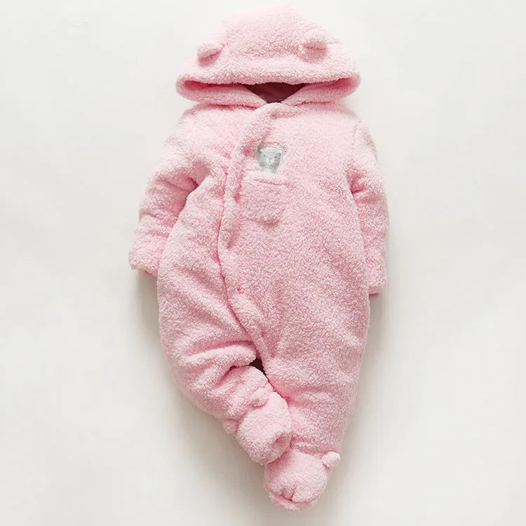 Brown cotton baby winter jumpsuit with covered feet and a front zipper.