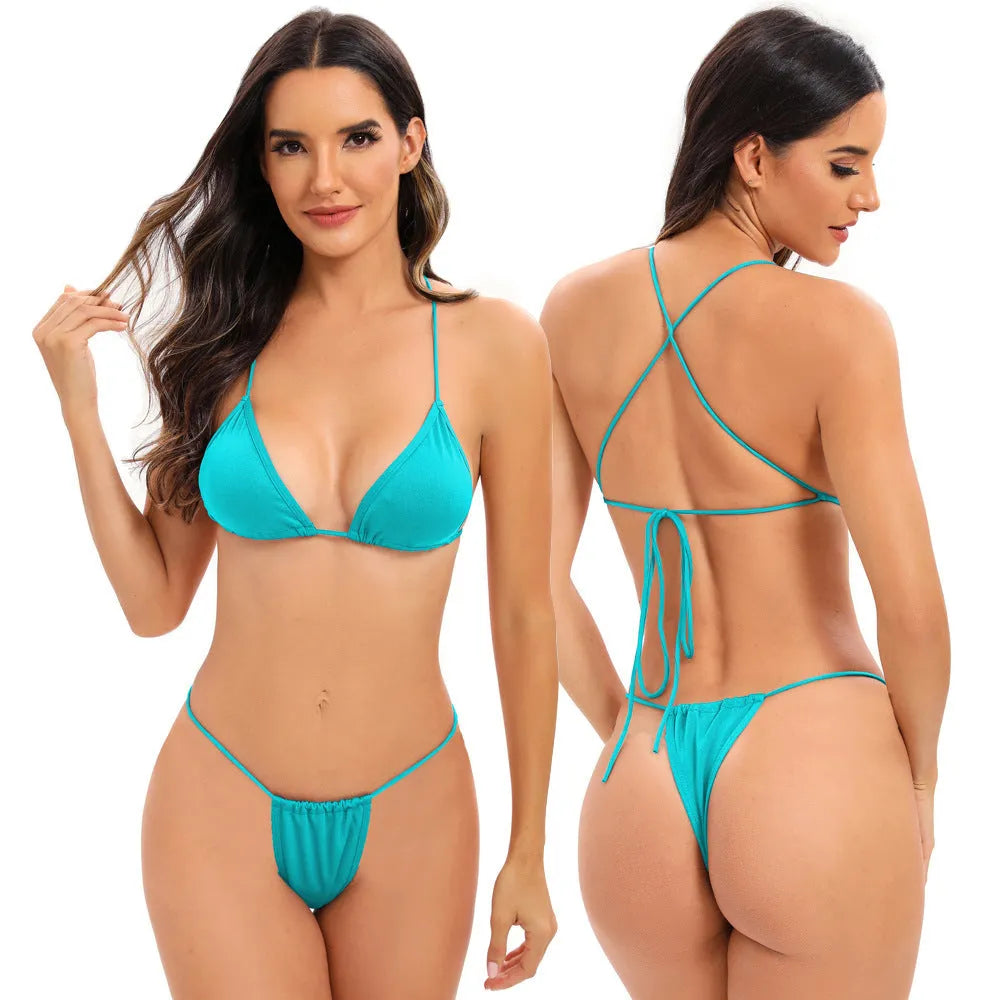 Women's candy coloured milk silk bikini with cross straps, shown in a brief style.