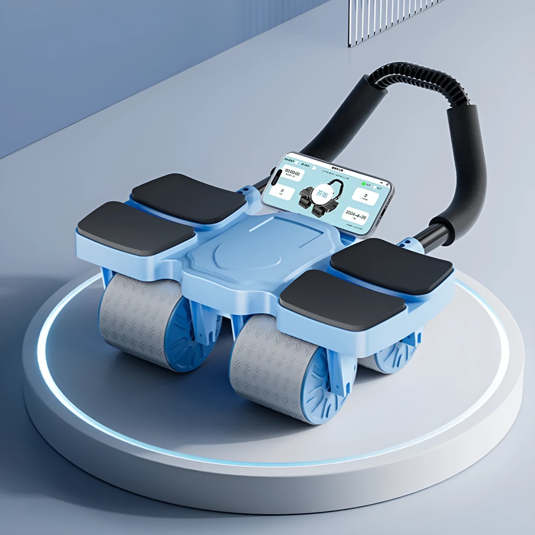 Automatic rebound abdominal wheel fitness equipment with four wheels on a floor.