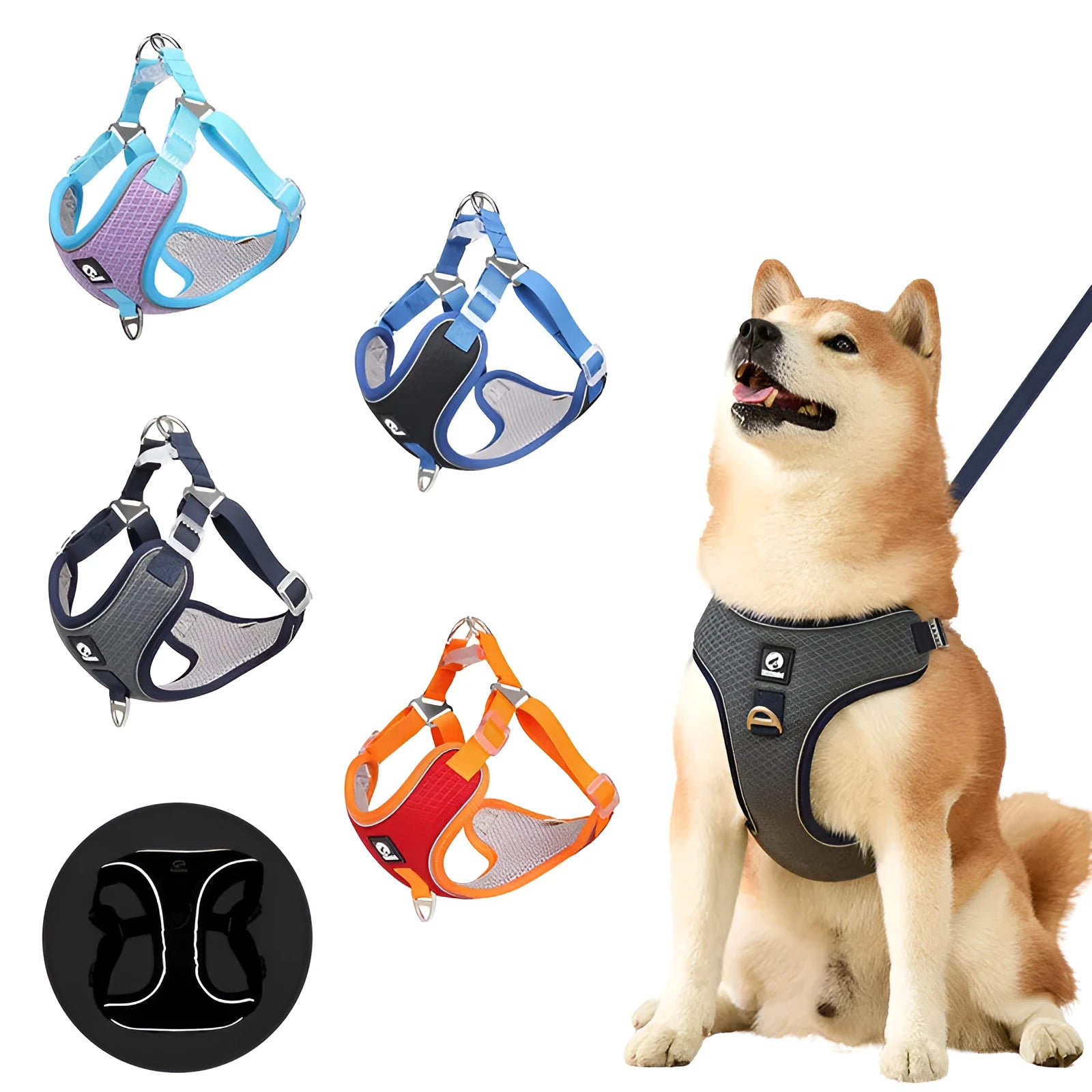 Breathable mesh dog harness with reflective piping in multiple colour options
