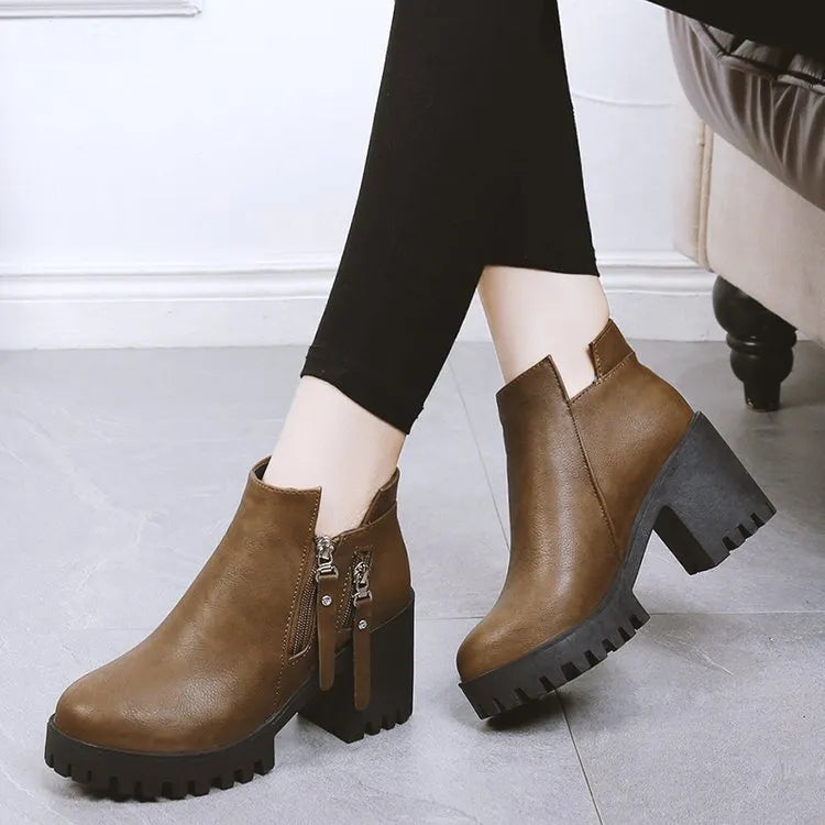 Women's chunky heel platform booties in khaki with rivet detail and mid-calf shaft