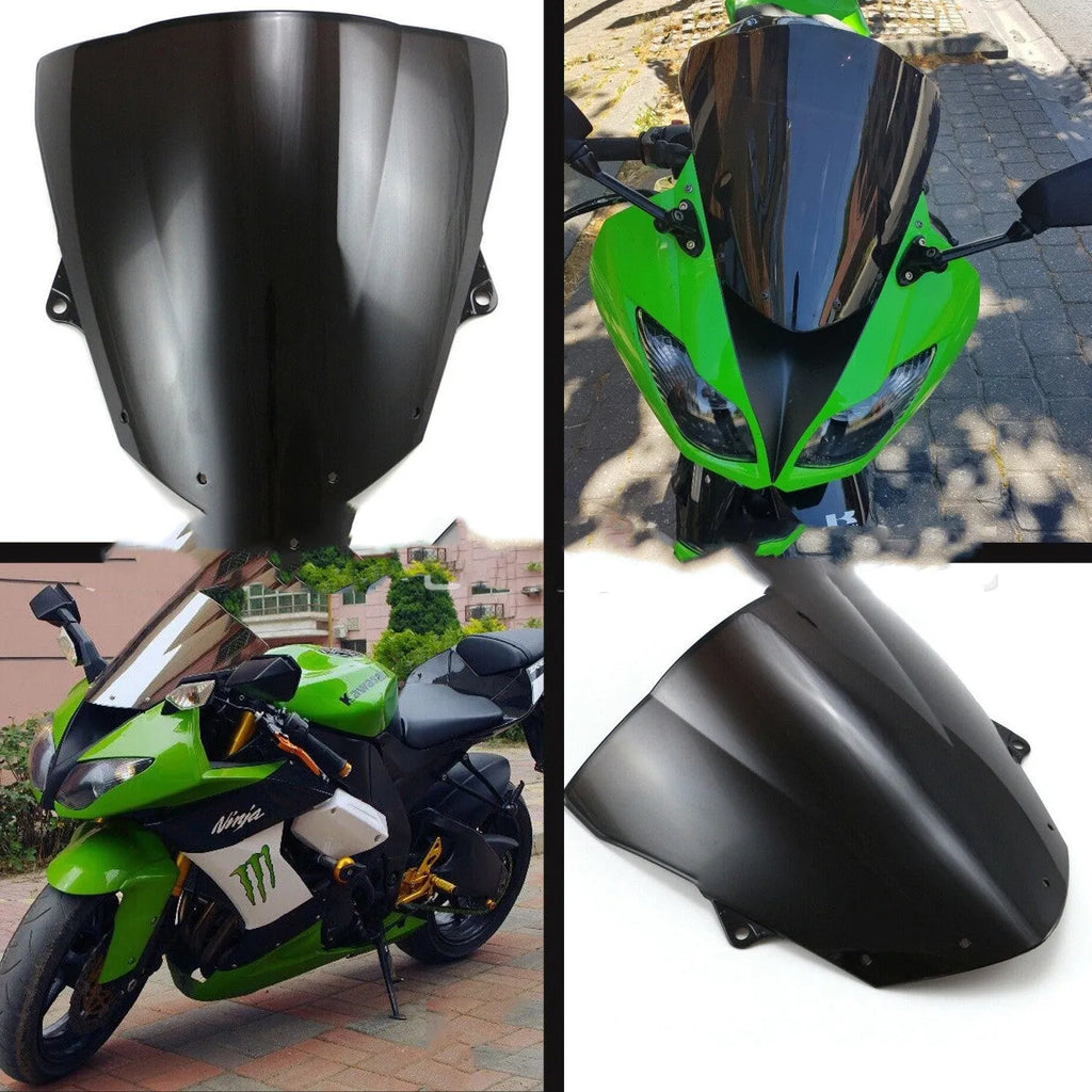 Blue and brown motorcycle windscreen for Kawasaki ZX-6R and ZX-10R sports bikes.