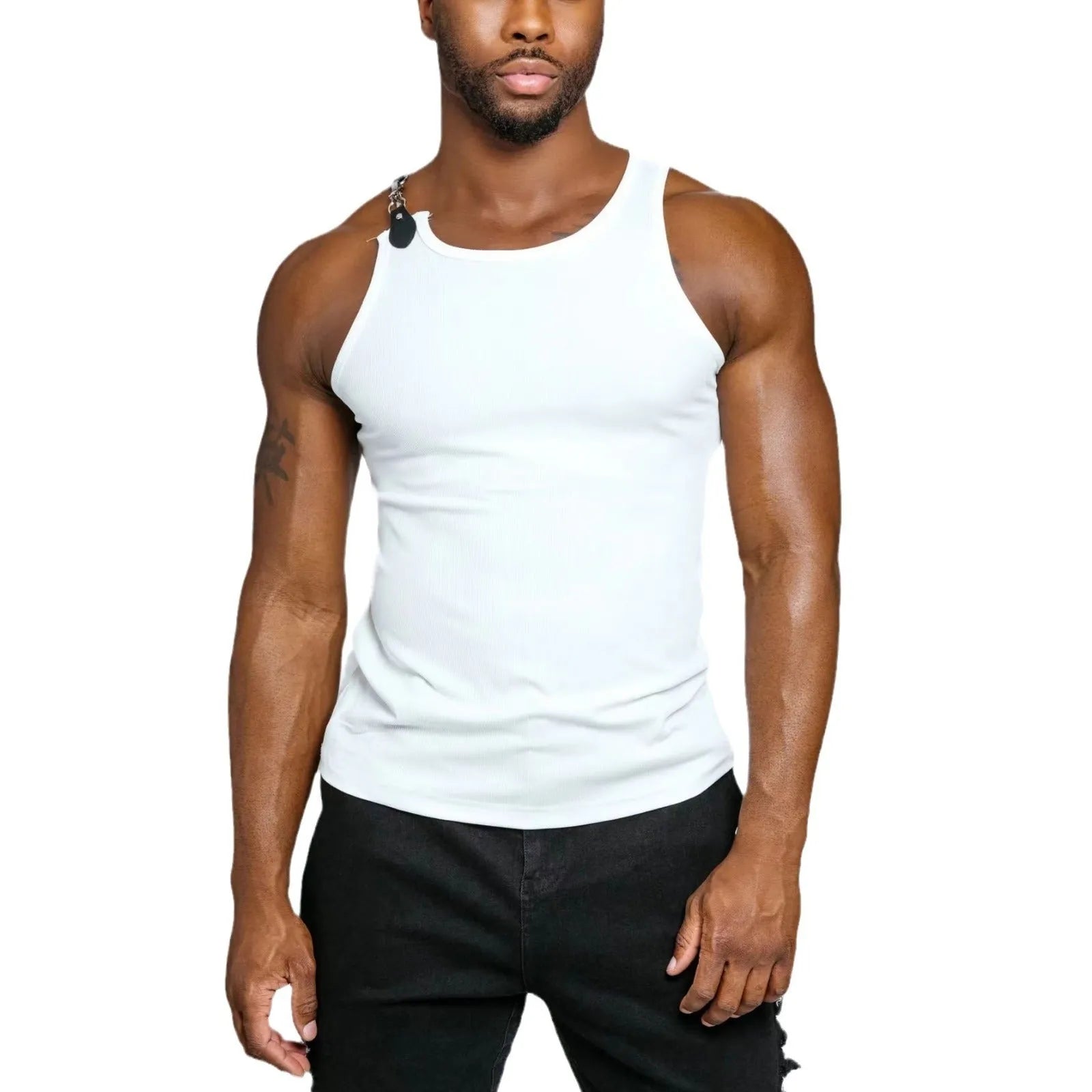 A tight-fitting sleeveless vest in solid black or white, made from cotton blend fabric.