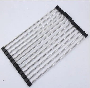 Folding stainless steel kitchen sink drain rack in red colour with multiple drainage tubes
