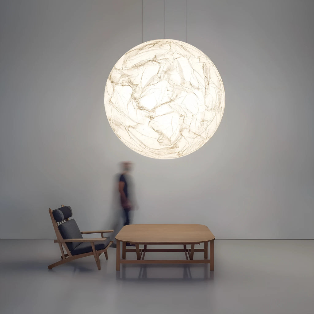 Moon pendant light D50 in minimalist style for double-height restaurant or hotel lobby, low voltage ≤36V