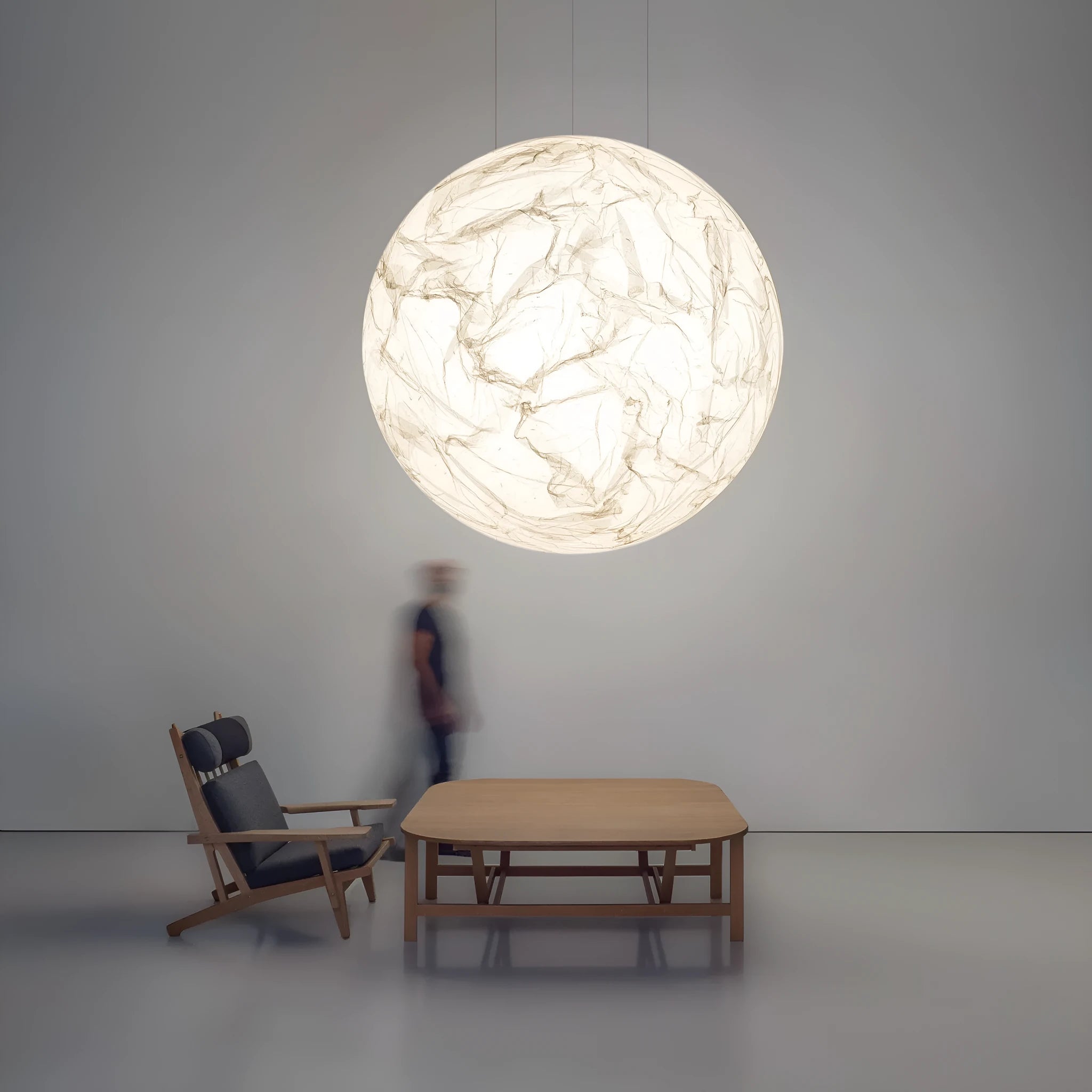 Moon pendant light D50 in minimalist style for double-height restaurant or hotel lobby, low voltage ≤36V