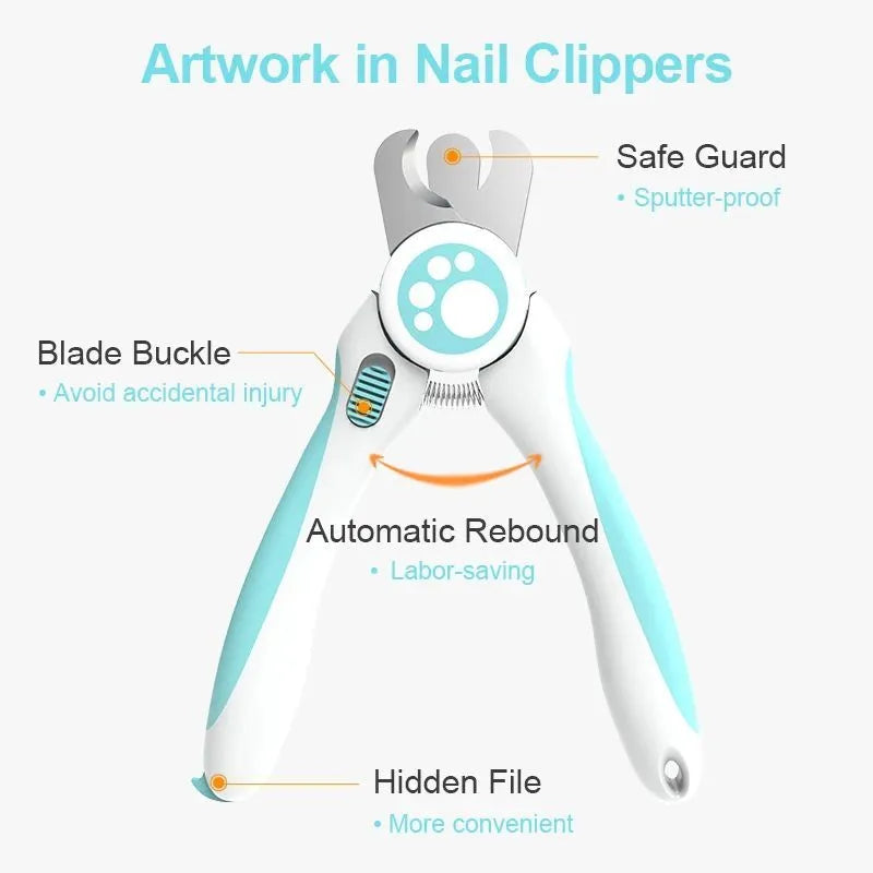 Blue and white pet nail clipper with stainless steel blades and safety stop for dogs and cats
