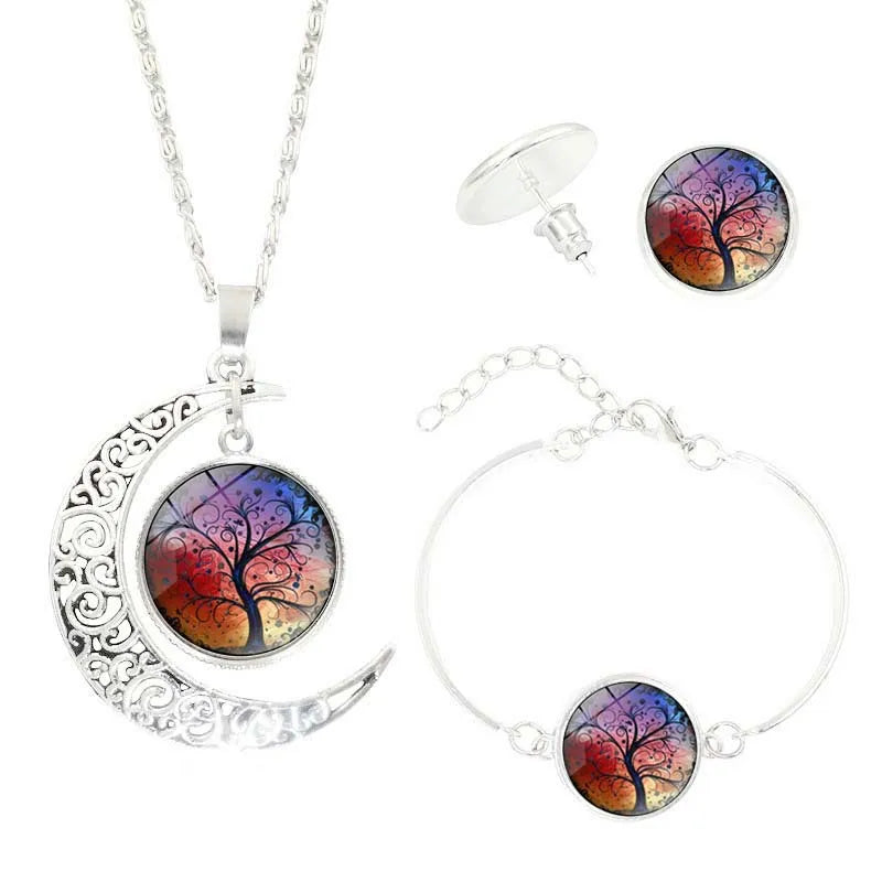 Tree of Life matching jewellery set with alloy necklace, bracelet and earrings featuring glass gem pendants