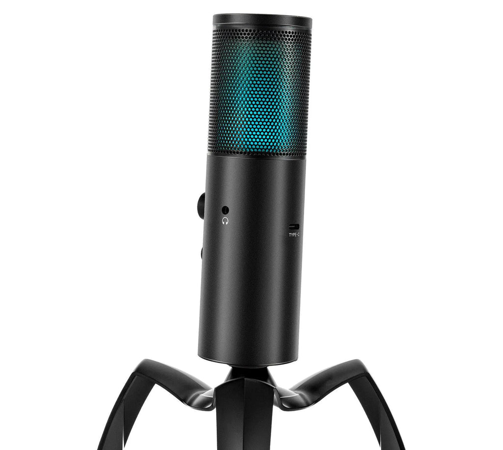 Black Q18 bidirectional USB condenser microphone with RGB lighting on tripod mount