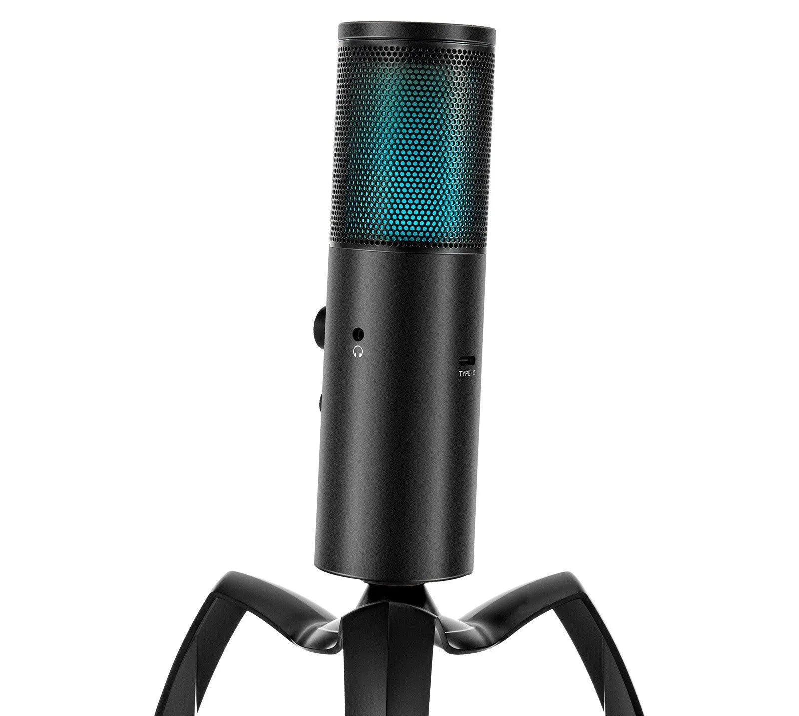 Black Q18 bidirectional USB condenser microphone with RGB lighting on tripod mount
