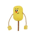 Polio wood corn cob shaped cat chew toy for dental health on a white background.