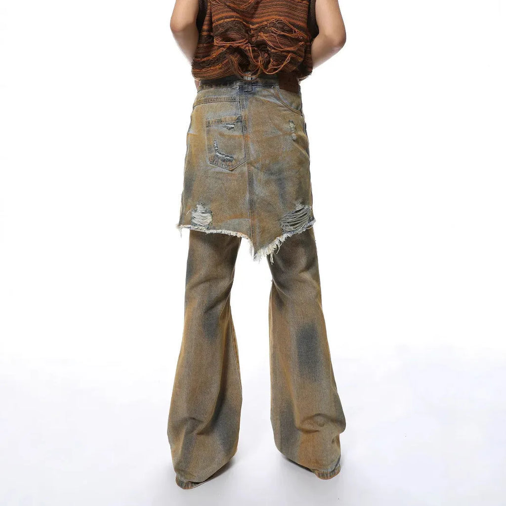 Loose fit bootcut jeans with high waist and button fly in micro-elastic cotton denim fabric