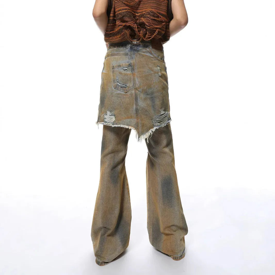 Loose fit bootcut jeans with high waist and button fly in micro-elastic cotton denim fabric