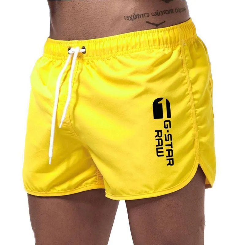 Men's thin hemp-blended polyester sports shorts in multiple colours on a size chart background.