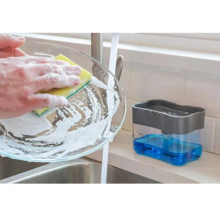 BPA-free plastic kitchen soap dispenser in black, grey, pink, or silver colours on a countertop.