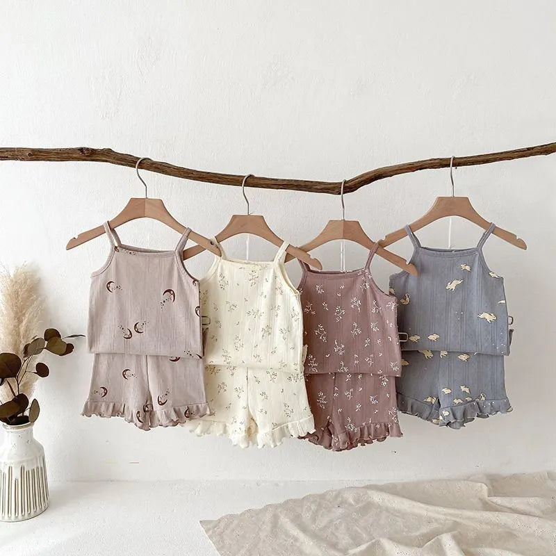 Girls' cotton camisole and shorts set in Pink Floret colour, sized 110cm height, on a plain background