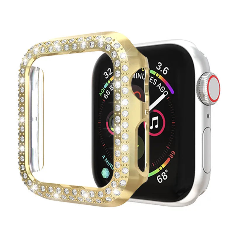 Transparent polycarbonate protective case for an Apple Watch, shown next to colour swatches.