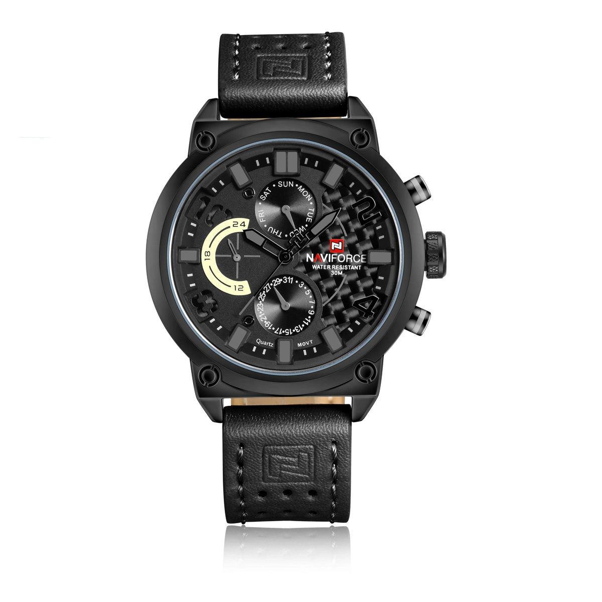 Men's 48mm sports watch with stainless steel strap and alloy case, shown in grey, red, yellow, and white