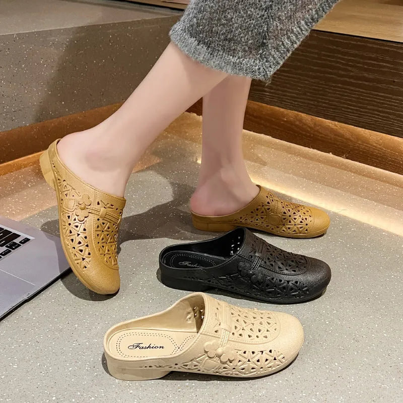 Women's apricot PVC half slippers with flat toe box and hollow out fairy style design.