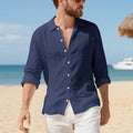 Men's loose fit linen casual shirt in khaki colour on a hanger