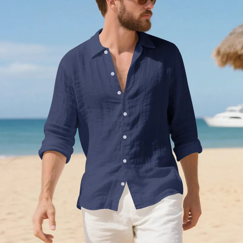 Men's loose fit linen casual shirt in khaki colour on a hanger