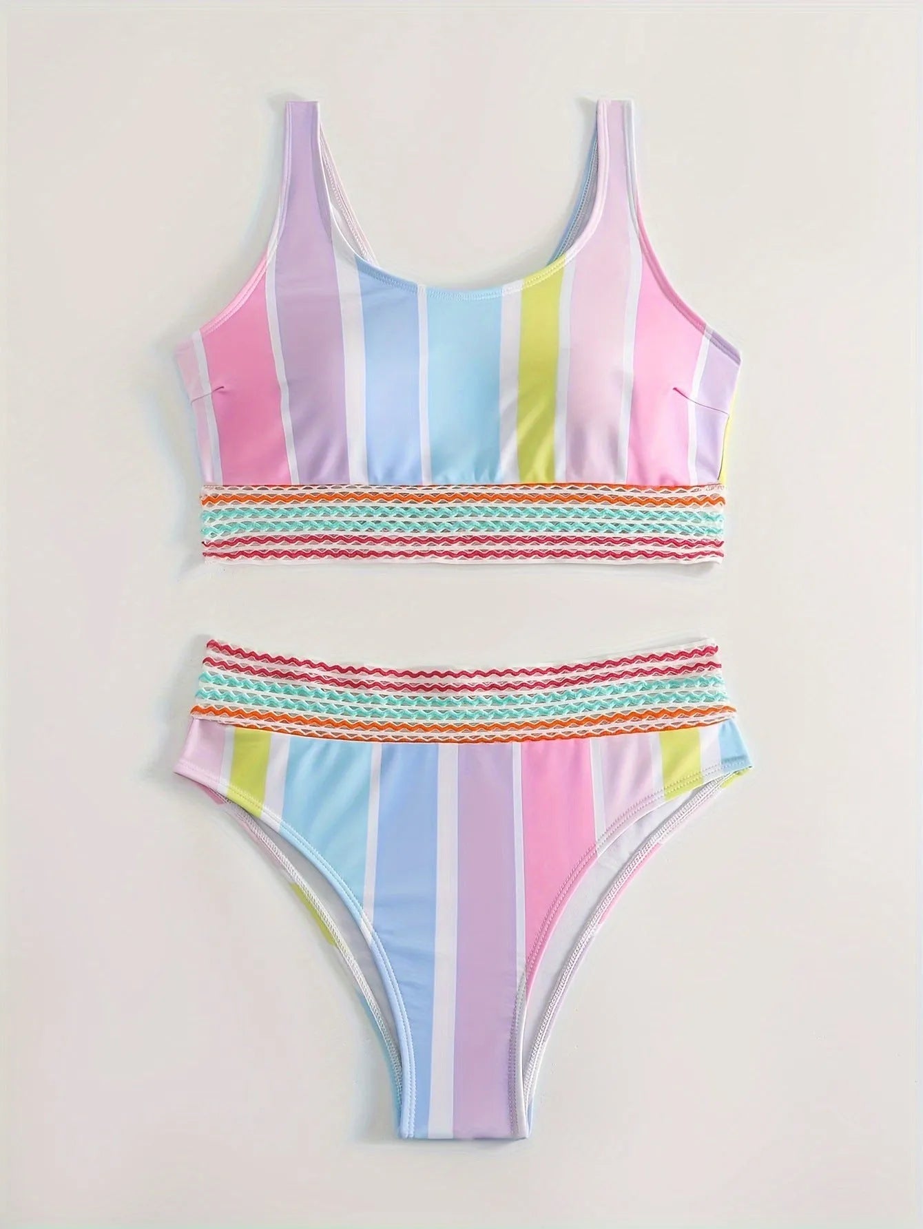 Women's striped two-piece bikini swimsuit in picture colour on a mannequin.