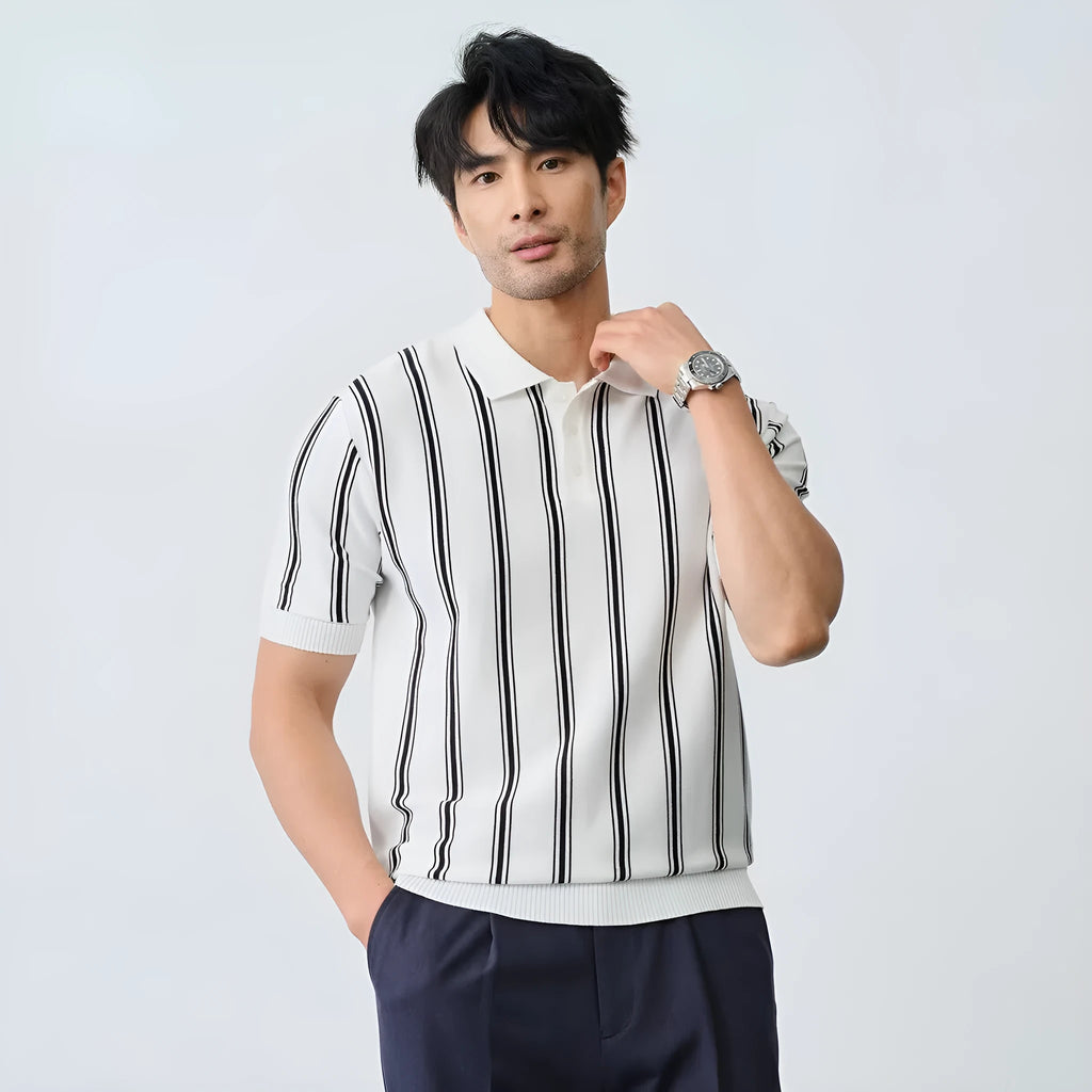 Men's striped short-sleeve knitted shirt with lapel collar in white, polyester blend, size M to XXXL