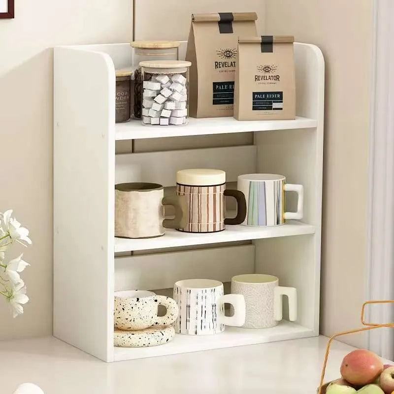 Desktop layered storage rack in PVC expansion sheet with wooden style, shown as a two-layer or three-layer rounded shelf tabletop organiser.