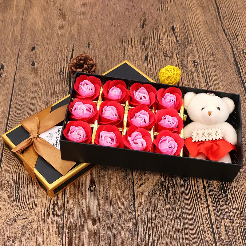 Gift box containing twelve bear-shaped soap flowers styled as roses in assorted colours